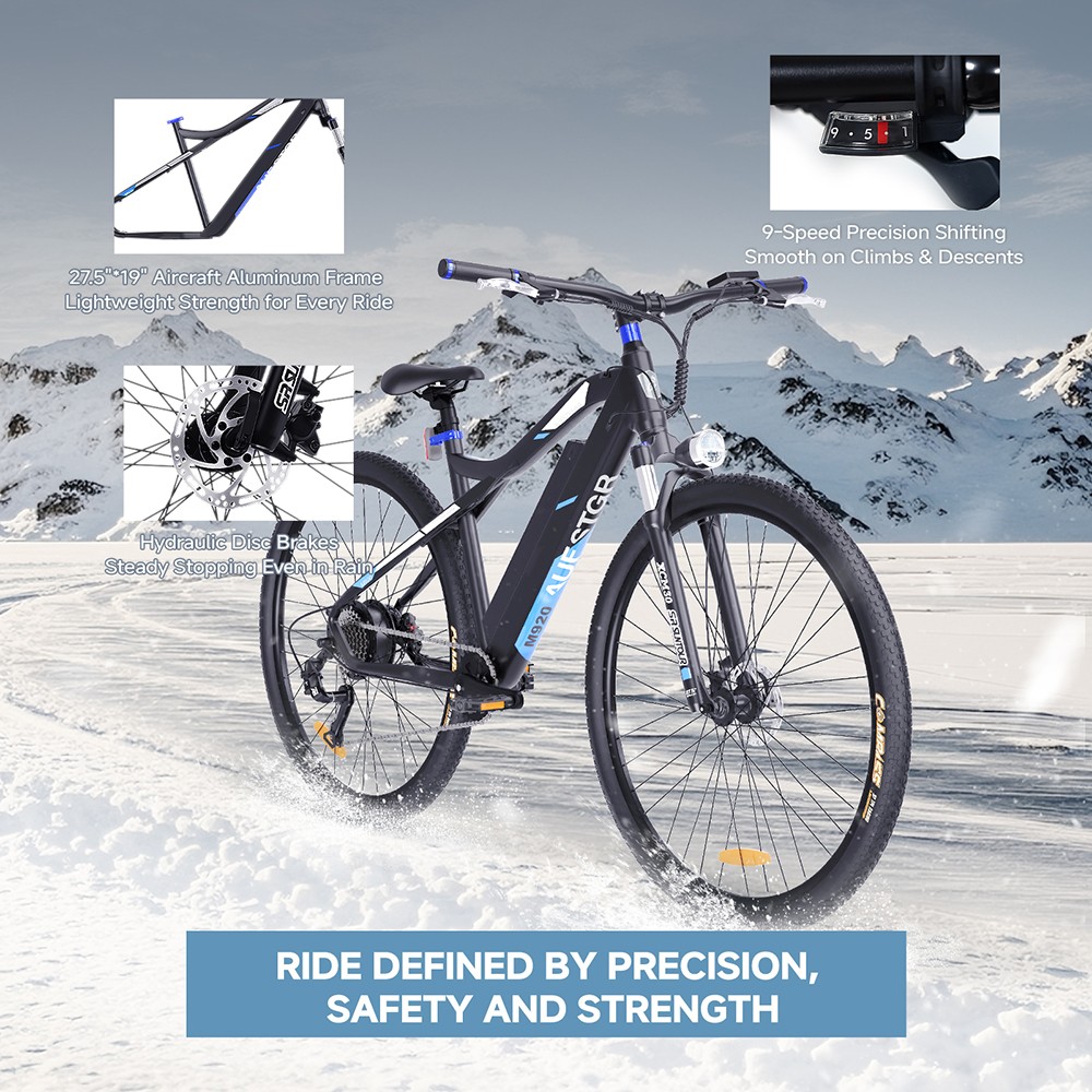 Elektrobicykel M920, 250W motor, 36V 13Ah batéria, 27.5 palcové pneumatiky, max. rýchlosť 25 km/h, dojazd 60 km, predné & zadné mechanické kotúčové brzdy, 9 rýchlostí - modrý