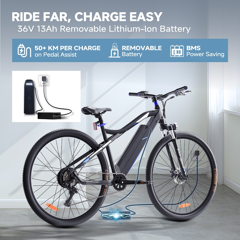 Elektrobicykel M920, 250W motor, 36V 13Ah batéria, 27.5 palcové pneumatiky, max. rýchlosť 25 km/h, dojazd 60 km, predné & zadné mechanické kotúčové brzdy, 9 rýchlostí - modrá