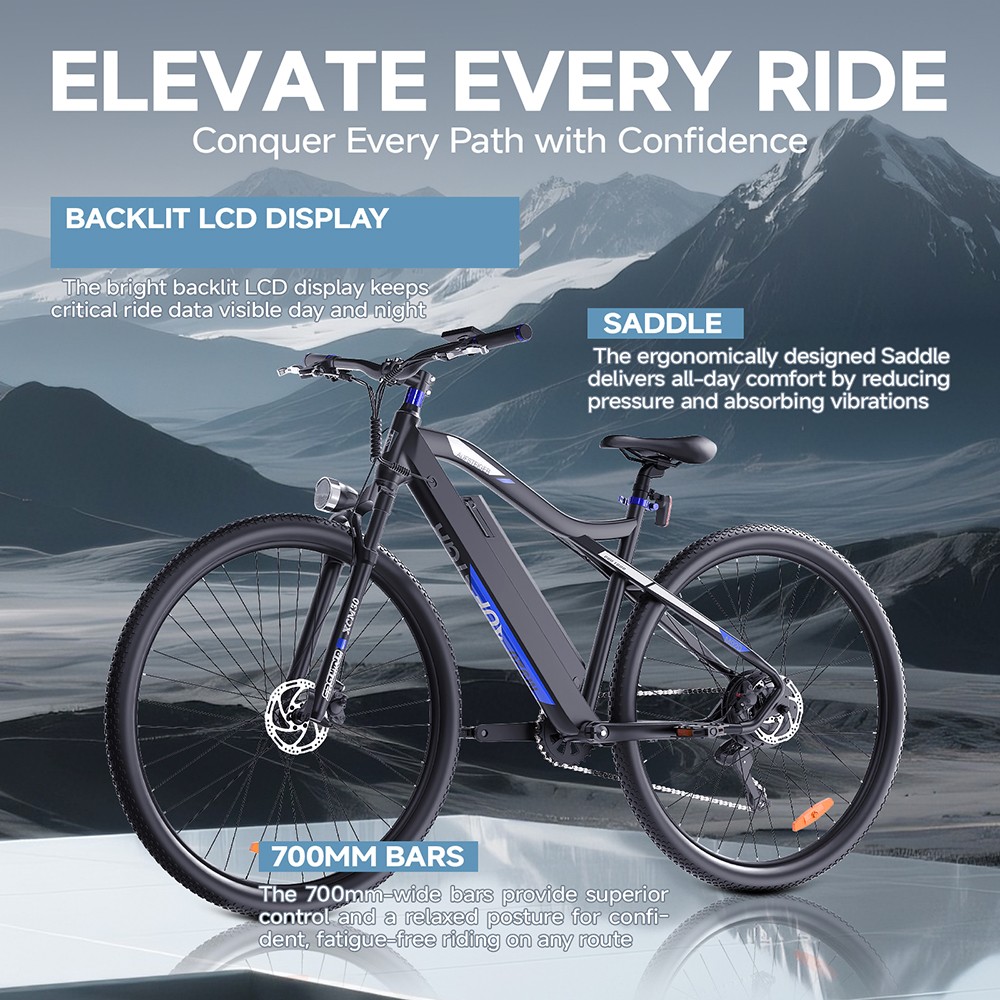 Elektrobicykel M920, 250W motor, 36V 13Ah batéria, 27.5 palcové pneumatiky, max. rýchlosť 25 km/h, dojazd 60 km, predné & zadné mechanické kotúčové brzdy, 9 rýchlostí - modrá