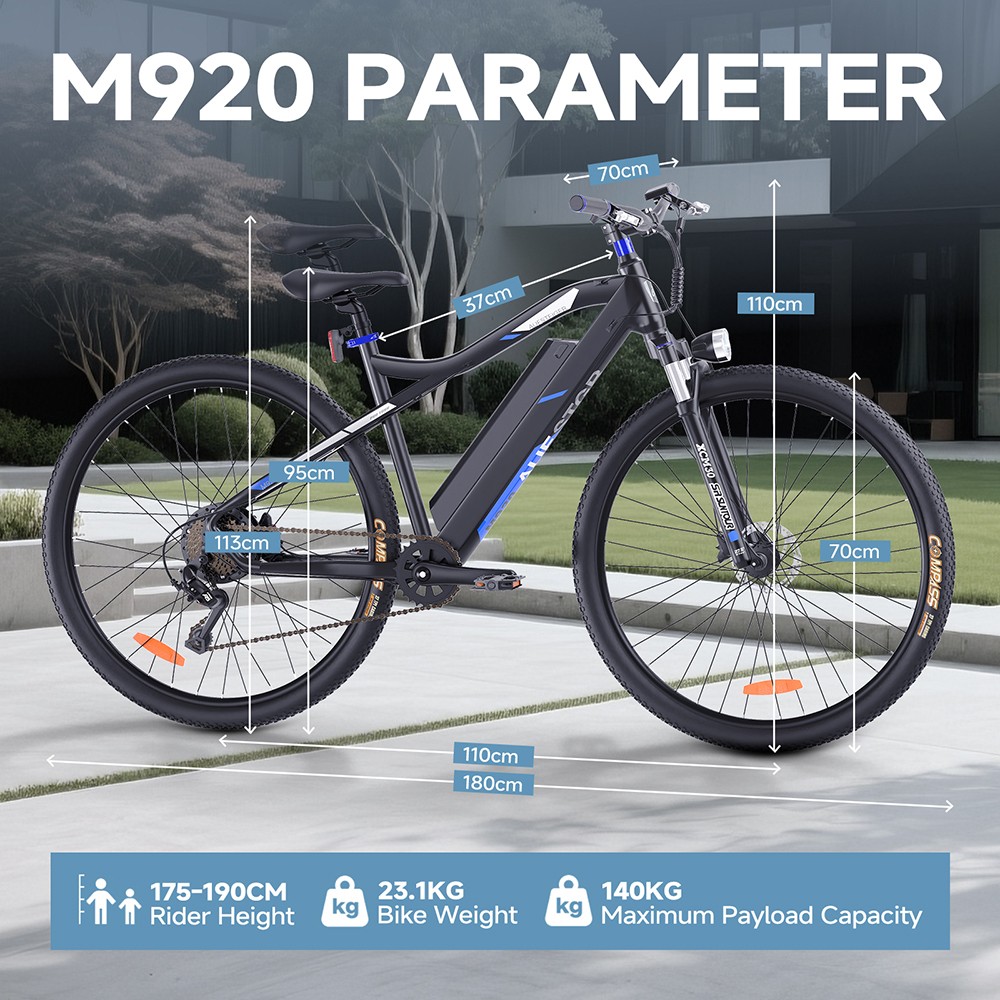 Elektrobicykel M920, 250W motor, 36V 13Ah batéria, 27.5 palcové pneumatiky, max. rýchlosť 25 km/h, dojazd 60 km, predné & zadné mechanické kotúčové brzdy, 9 rýchlostí - modrý