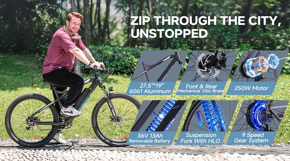 Elektrobicykel M920, 250W motor, 36V 13Ah batéria, 27.5 palcové pneumatiky, max. rýchlosť 25km/h, dojazd 60km, predné & zadné mechanické kotúčové brzdy, 9 rýchlostí - červený