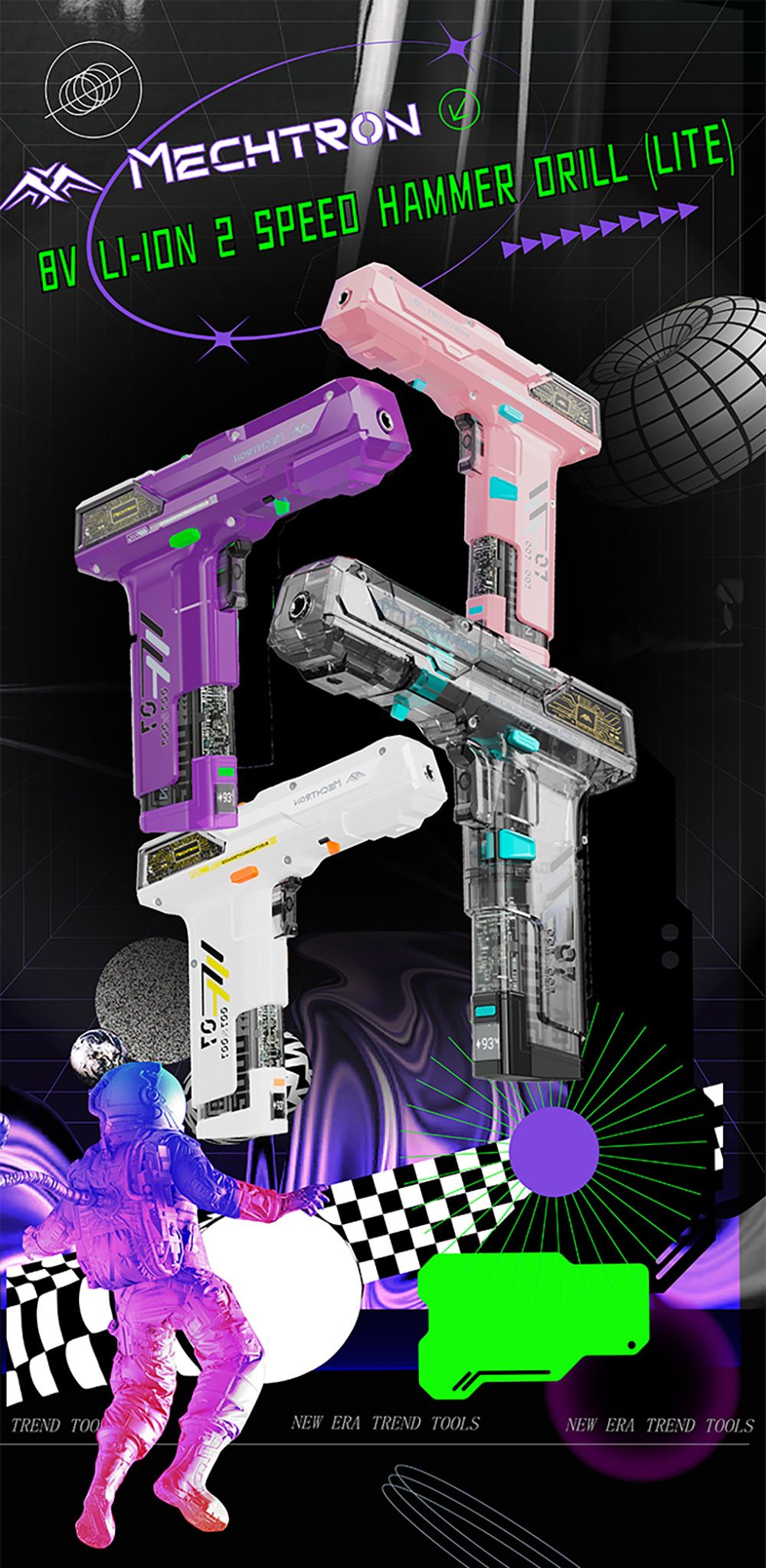 MECHTRON TL-G007S Lite Akku-Schlagbohrschrauber, 8 V, zwei Geschwindigkeiten, 15 Nm Drehmoment, 2000 mAh Wechselakku, intelligente KI-Steuerung, 2-in-1 Akkuschrauber und -Bohrschrauber