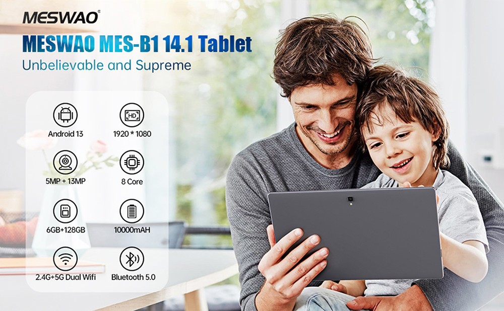 Tablette MESWAO B1, &eacute;cran IPS 14,1 pouces (1920 x 1080 pixels), processeur octoc&oelig;ur MTK6769, 6 Go de RAM, 128 Go de ROM, Android 13, Wi-Fi 5, Bluetooth 5.2, double cam&eacute;ra 13 MP + 5 MP, batterie 10&nbsp;000 mAh, 4 haut-parleurs, prise europ&eacute;enne, gris
