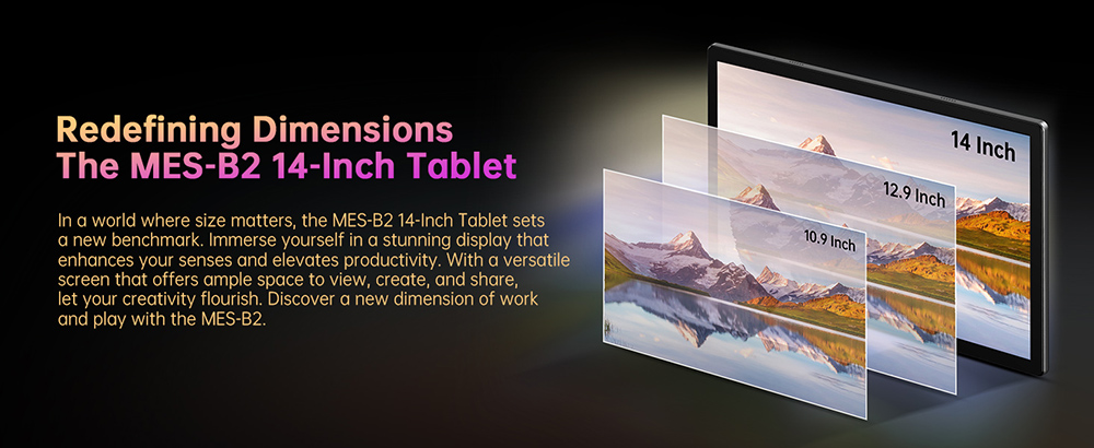 Tablette MESWAO B2, &eacute;cran IPS 14 pouces (1920 x 1200 pixels), processeur octoc&oelig;ur MTK6769, 6 Go de RAM, 128 Go de ROM, Android 13, Wi-Fi 5, Bluetooth 5.0, batterie 10&nbsp;000 mAh, double cam&eacute;ra 32 MP + 5 MP, 4 haut-parleurs, prise europ&eacute;enne, gris.
