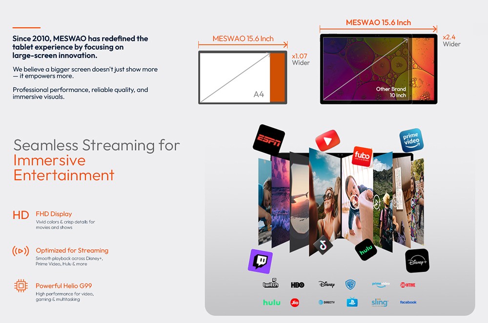 MESWAO B3 Pro Tablet, 15.6 inch 1920*1080 IPS Screen, MTK Helio G99 8 Cores, 8GB RAM 256GB ROM, Android 14, WiFi 5 Bluetooth 5.0, 12000mAh Battery, 32MP+5MP Camera, 4*Speakers - US Plug, Black