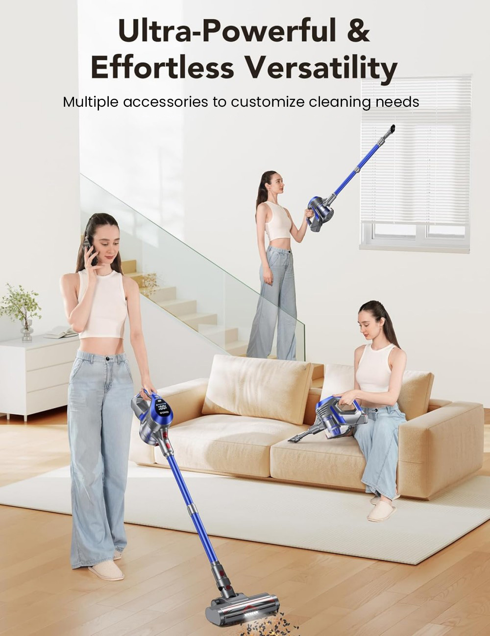 MOOSOO AC1 Akku-Stielstaubsauger, 12.000 Pa Saugkraft, 40 Minuten Laufzeit, 120-W-B&uuml;rstenlosmotor, 800-ml-Staubbeh&auml;lter, LED-Anzeige, Ladestation und 5-stufige Filterung