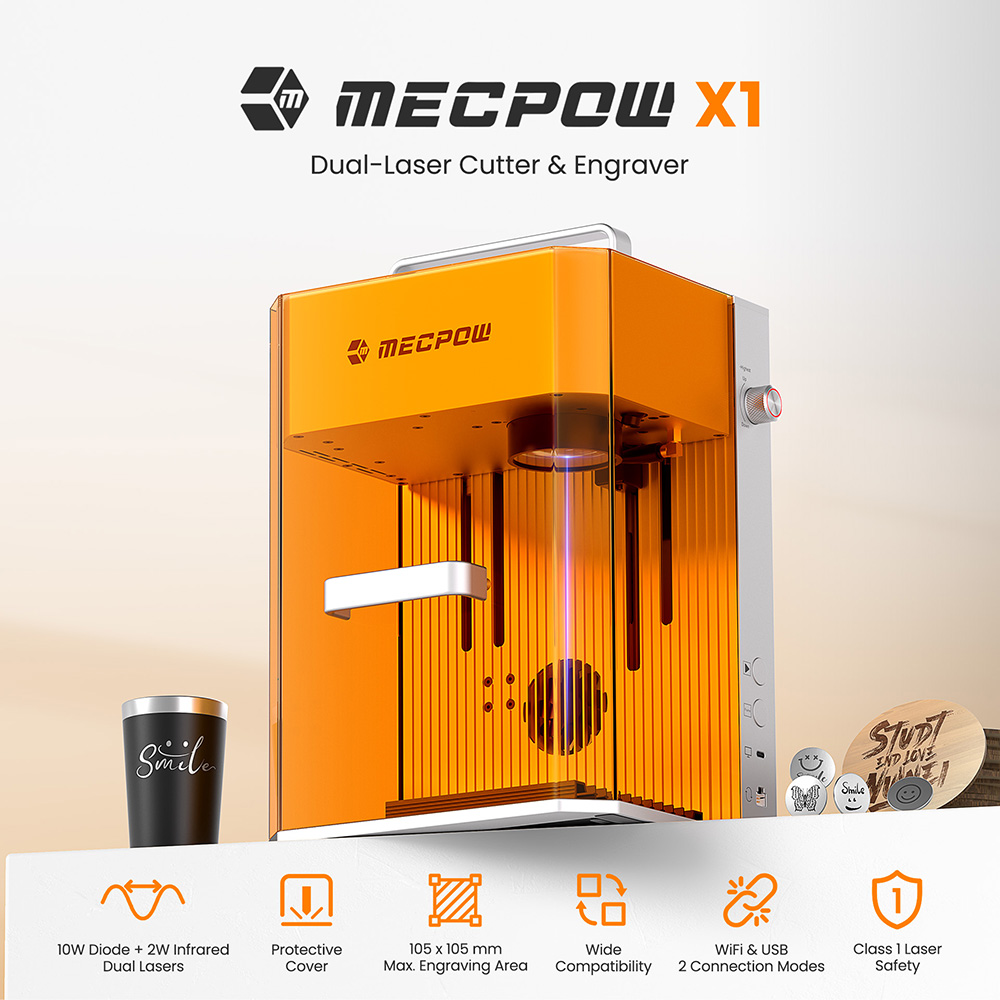 Mecpow X1 Dual Laser Cutter and Engraver, 2W Infrared and 10W Diode, 5000mm/s Speed, 105&times;105mm
