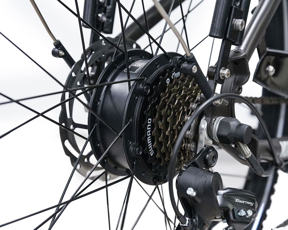 Elektrický bicykel Miami-26, 250W motor, 36V 14.4Ah batéria, 26*1.95 palcové pneumatiky, max. rýchlosť 25km/h, dojazd 45km, predné & zadné mechanické kotúčové brzdy, Shimano 7 rýchlostí - žltá