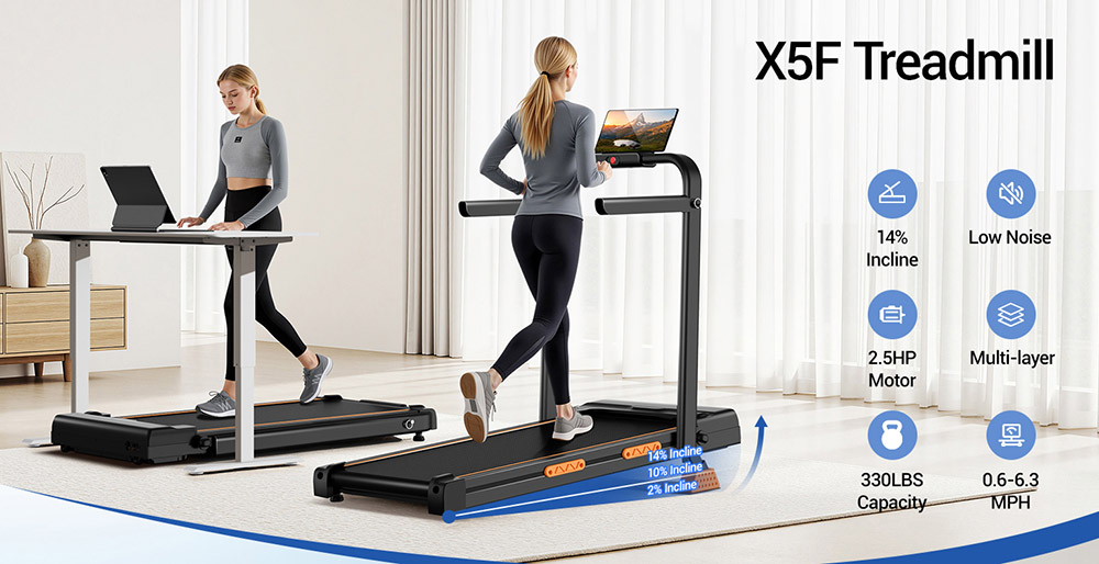 ROBORE X5F Klappbares Laufband mit 14% Steigung, 2,5-PS-Leisemotor, 10km/h H&ouml;chstgeschwindigkeit, 150kg Traglast, 3-Steigungsstufen, LED-Display & Fernbedienung