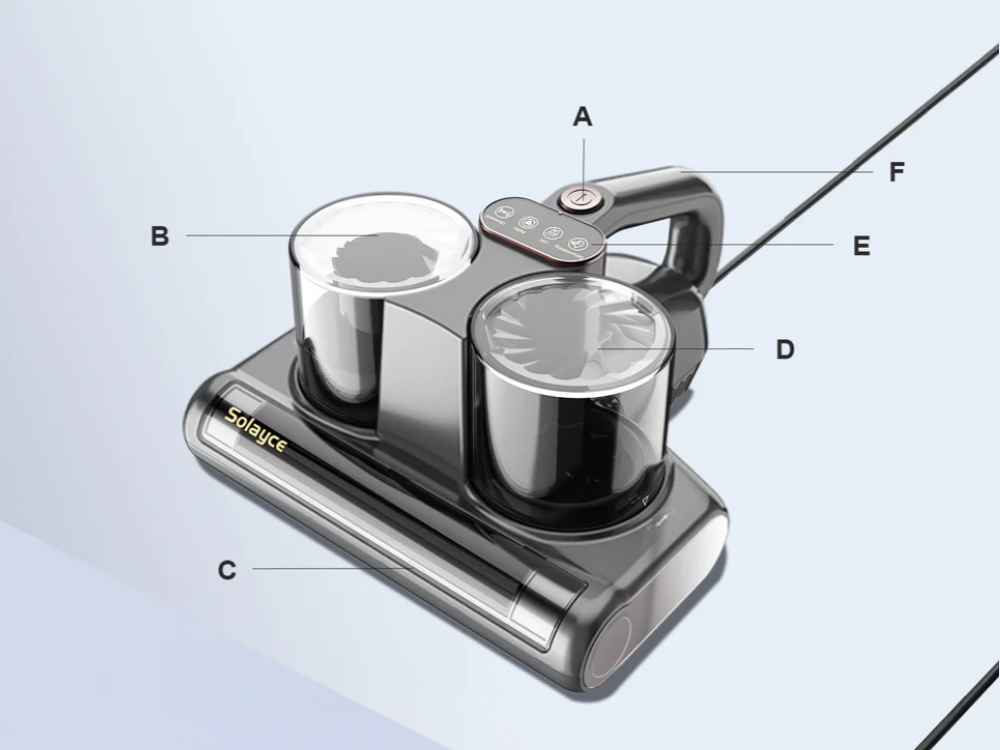 Aspirateur anti-acariens intelligent &agrave; double godet Solayce BV200, puissance 500 W, aspiration 16&nbsp;000 Pa, capacit&eacute; 0,6 L, air chaud 60 &deg;C, lumi&egrave;re UV et filtration HEPA