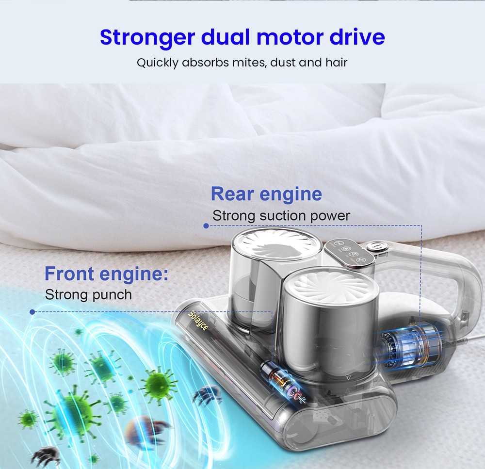 Solayce BV200 Double Cup Smart Mite Cleaner, 500W Power, 16000Pa Suction, 0.6L kapacita, 60 ℃ horúci vzduch, UV svetlo & HEPA filtrácia