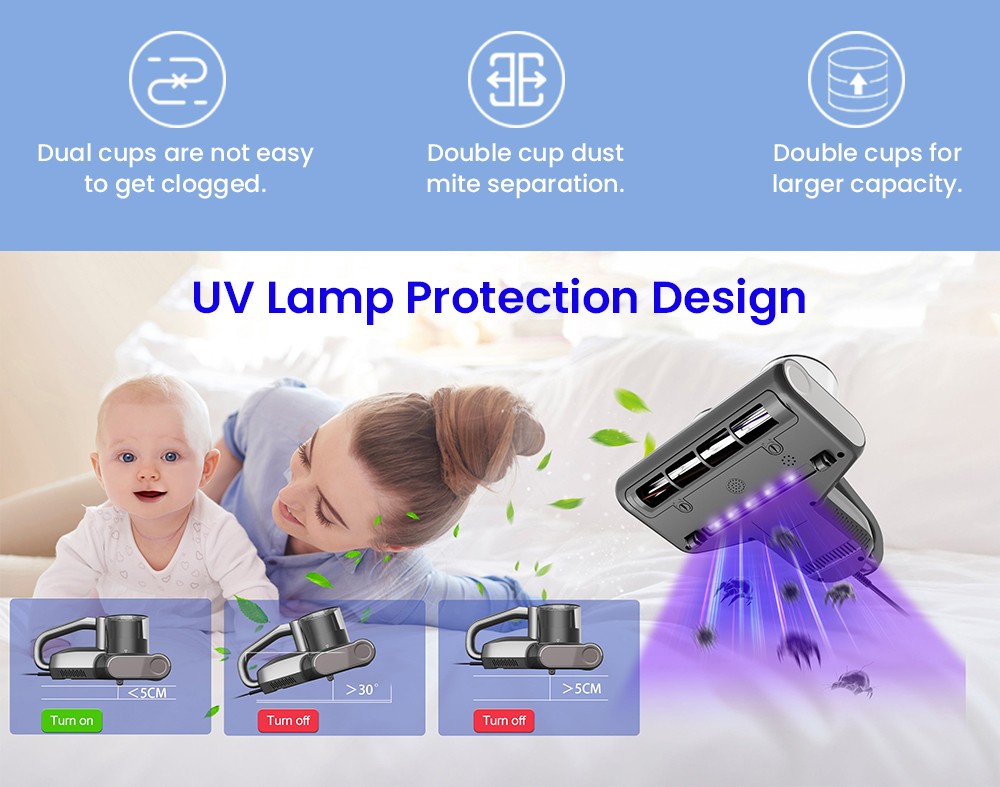 Aspirateur anti-acariens intelligent &agrave; double godet Solayce BV200, puissance 500 W, aspiration 16&nbsp;000 Pa, capacit&eacute; 0,6 L, air chaud 60 &deg;C, lumi&egrave;re UV et filtration HEPA