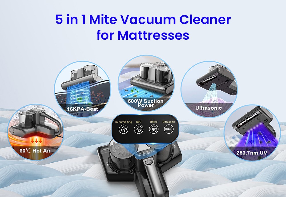 Aspirateur anti-acariens intelligent &agrave; double godet Solayce BV200, puissance 500 W, aspiration 16&nbsp;000 Pa, capacit&eacute; 0,6 L, air chaud 60 &deg;C, lumi&egrave;re UV et filtration HEPA