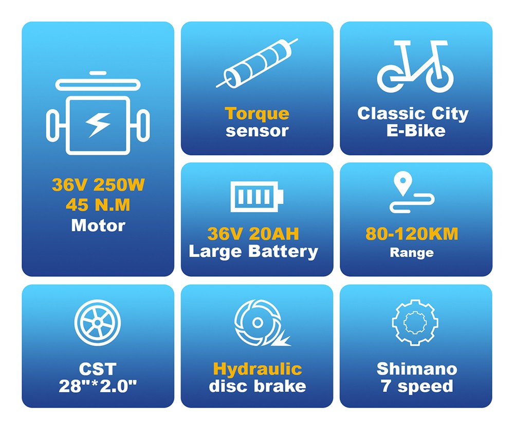 Elektrobicykel TTGO C3 Pro, 250W motor, 36V 20Ah batéria, 28 palcové pneumatiky, max. rýchlosť 25km/h, max. dojazd 120km, hydraulické kotúčové brzdy, odpružená vidlica, senzor krútiaceho momentu, Shimano 7 rýchlostí, LCD displej - čierny
