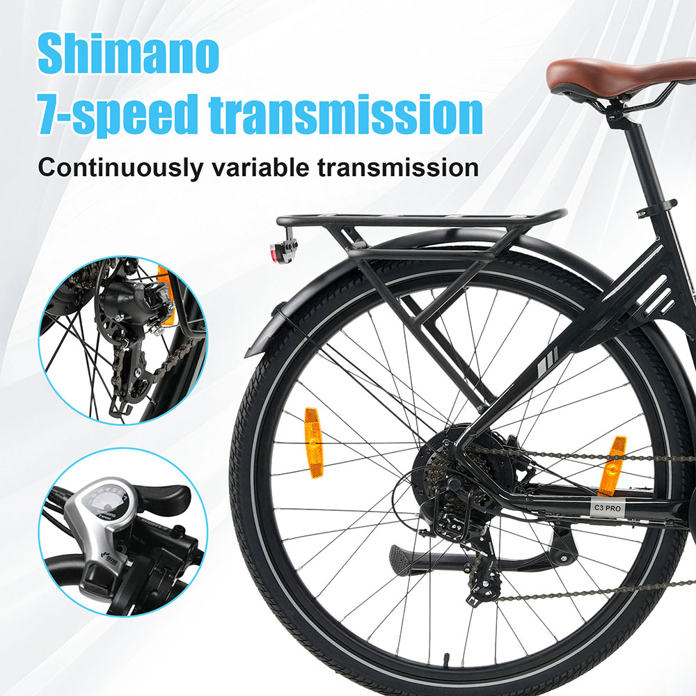 Elektrobicykel TTGO C3 Pro, 250W motor, 36V 20Ah batéria, 28-palcové pneumatiky, max. rýchlosť 25 km/h, max. dojazd 120 km, hydraulické kotúčové brzdy, odpružená vidlica, senzor krútiaceho momentu, 7-rýchlostný prevod Shimano, LCD displej - čierny