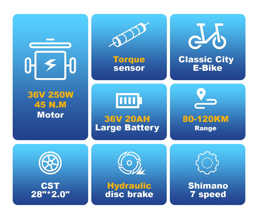 Elektrobicykel TTGO C3 Pro, 250W motor, 36V 20Ah batéria, 28 palcové pneumatiky, max. rýchlosť 25km/h, max. dojazd 120km, hydraulické kotúčové brzdy, odpružená vidlica, senzor krútiaceho momentu, Shimano 7 rýchlostí, LCD displej - zelený
