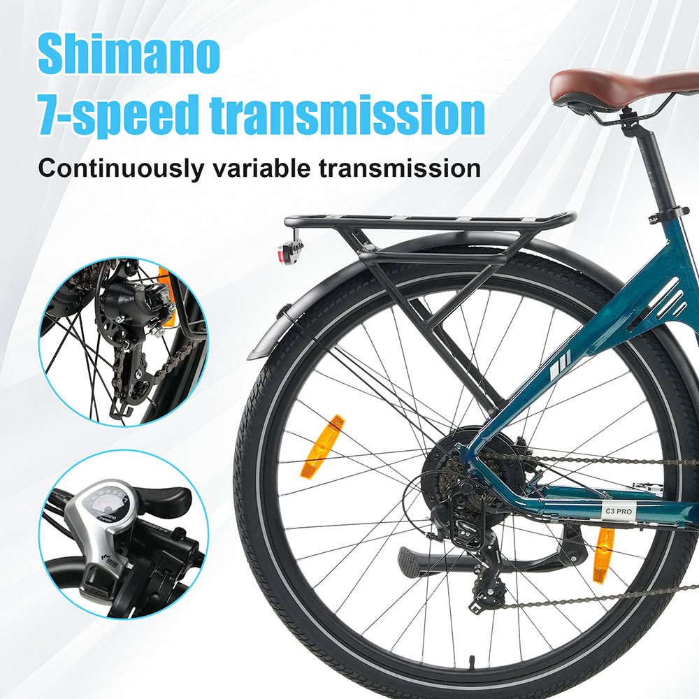 Elektrobicykel TTGO C3 Pro, 250W motor, 36V 20Ah batéria, 28 palcové pneumatiky, max. rýchlosť 25 km/h, max. dojazd 120 km, hydraulické kotúčové brzdy, odpružená vidlica, senzor krútiaceho momentu, 7-rýchlostný prevod Shimano, LCD displej - zelený