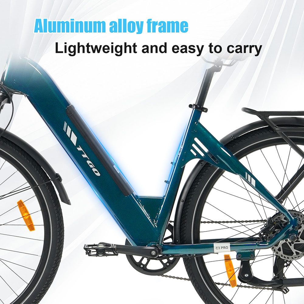 TTGO C3 Pro Electric Bike, 250W motor, 36V 20Ah batéria, 28 palcové pneumatiky, max. rýchlosť 25 km/h, max. dojazd 120 km, hydraulické kotúčové brzdy, odpružená vidlica, senzor krútiaceho momentu, 7-rýchlostný prevod Shimano, LCD displej - zelený