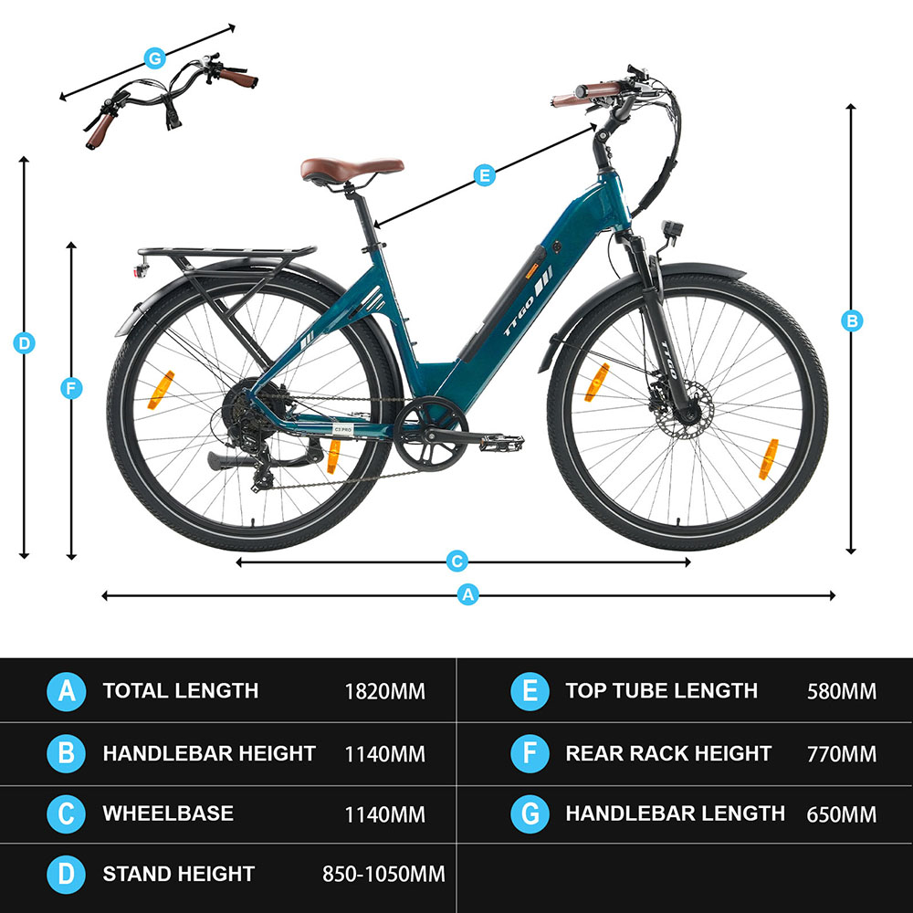 Elektrobicykel TTGO C3 Pro, 250W motor, 36V 20Ah batéria, 28-palcové pneumatiky, max. rýchlosť 25 km/h, max. dojazd 120 km, hydraulické kotúčové brzdy, odpružená vidlica, senzor krútiaceho momentu, 7-stupňová prevodovka Shimano, LCD displej - zelený