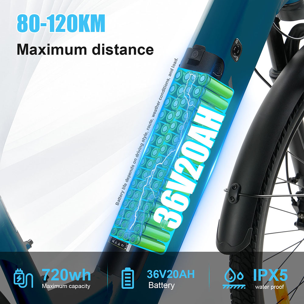 Elektrobicykel TTGO C3 Pro, 250W motor, 36V 20Ah batéria, 28 palcové pneumatiky, max. rýchlosť 25 km/h, max. dojazd 120 km, hydraulické kotúčové brzdy, odpružená vidlica, senzor krútiaceho momentu, 7-rýchlostný prevod Shimano, LCD displej - zelený