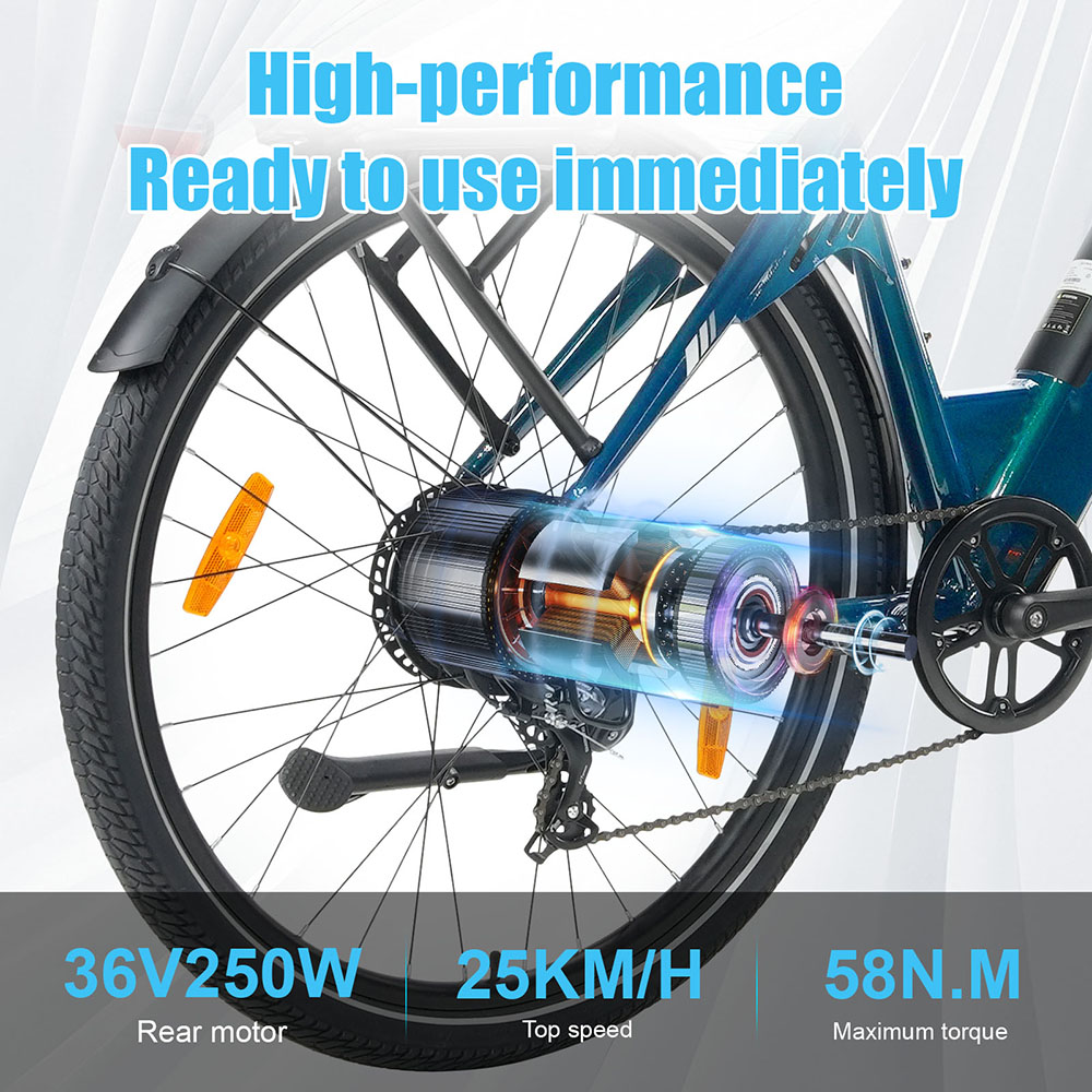 Elektrobicykel TTGO C3 Pro, 250W motor, 36V 20Ah batéria, 28 palcové pneumatiky, max. rýchlosť 25 km/h, max. dojazd 120 km, hydraulické kotúčové brzdy, odpružená vidlica, senzor krútiaceho momentu, 7-rýchlostný prevod Shimano, LCD displej - zelený