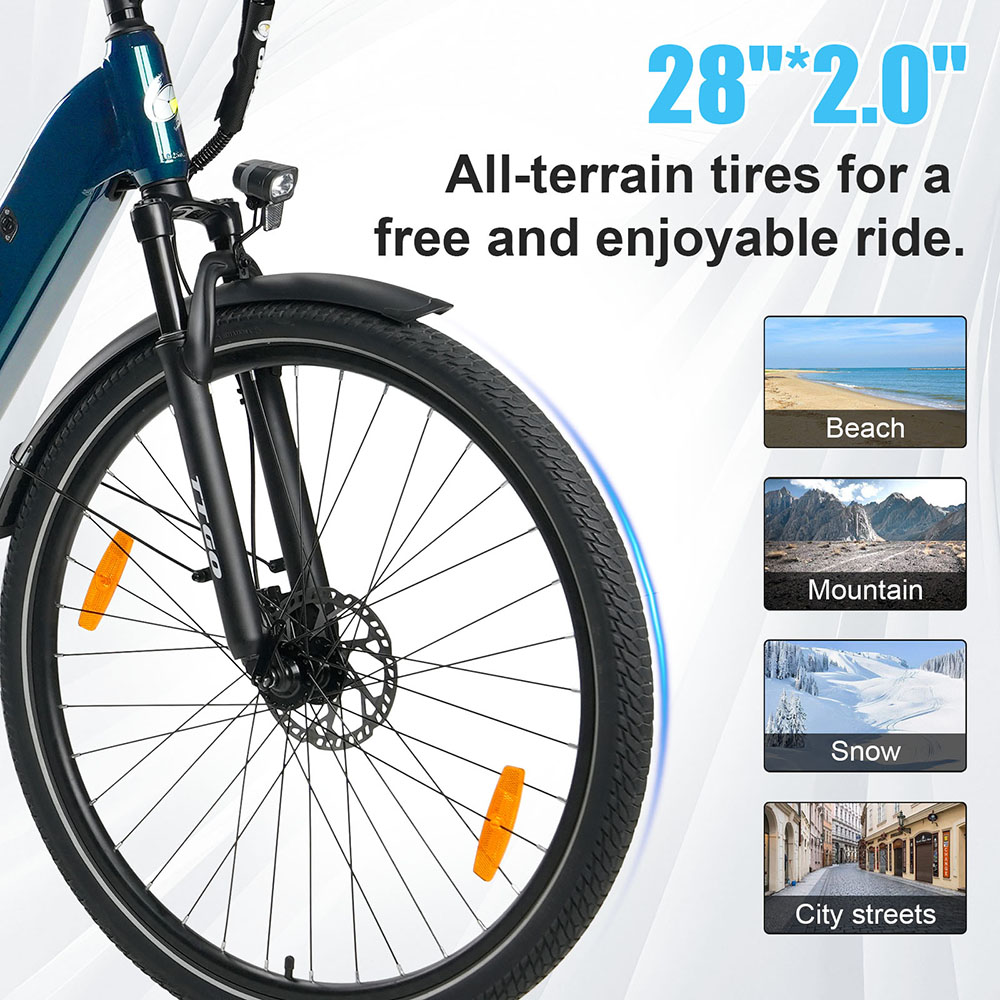 Elektrobicykel TTGO C3 Pro, 250W motor, 36V 20Ah batéria, 28 palcové pneumatiky, max. rýchlosť 25 km/h, max. dojazd 120 km, hydraulické kotúčové brzdy, odpružená vidlica, senzor krútiaceho momentu, 7-rýchlostný prevod Shimano, LCD displej - zelený