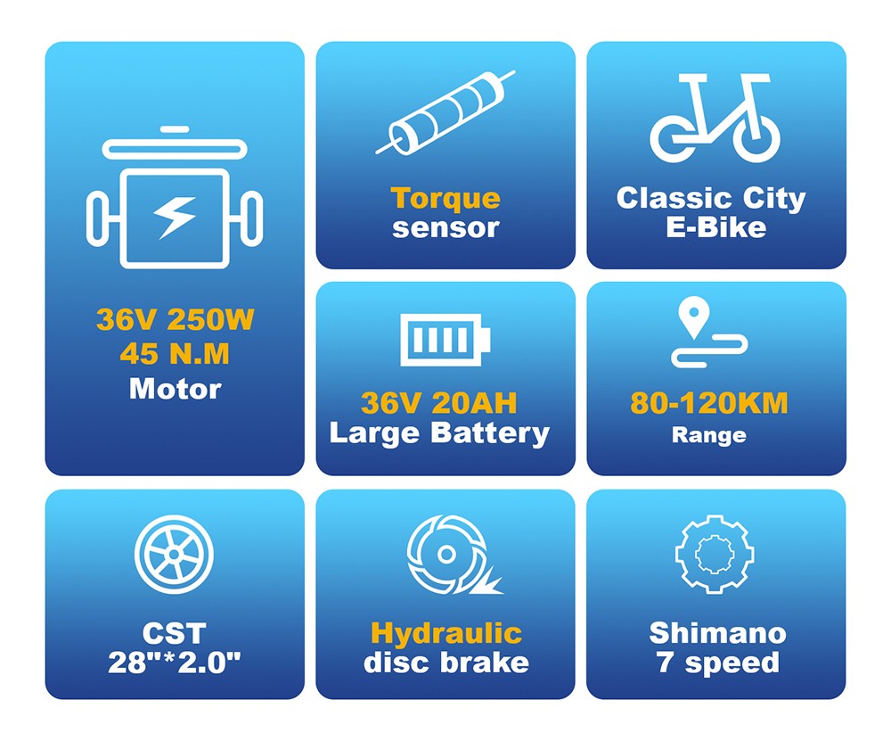 V&eacute;lo &eacute;lectrique TTGO C3 Pro, moteur 250 W, batterie 36 V 20 Ah, pneus 28 pouces, vitesse maximale 25 km/h, autonomie maximale 120 km, freins &agrave; disque hydrauliques, fourche suspendue, capteur de couple, transmission Shimano 7 vitesses, &eacute;cran LCD rouge.