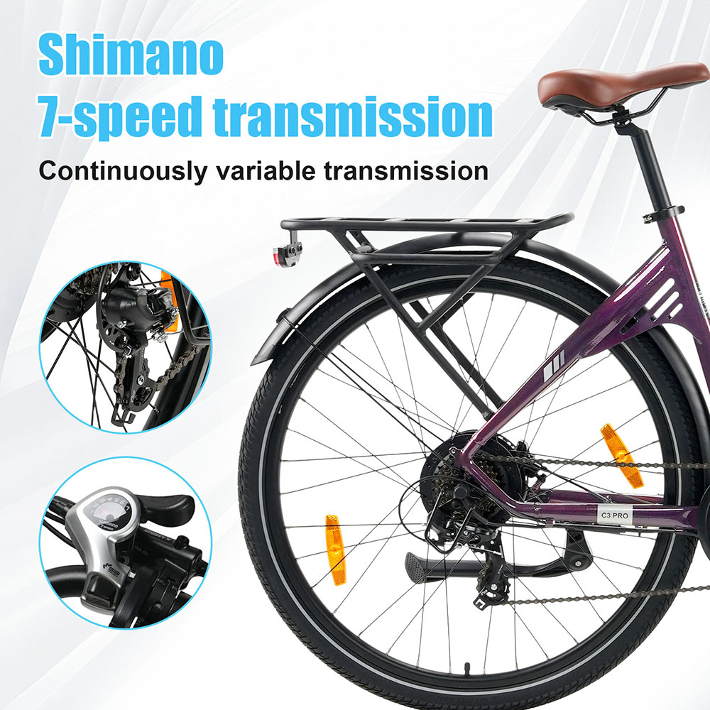 V&eacute;lo &eacute;lectrique TTGO C3 Pro, moteur 250 W, batterie 36 V 20 Ah, pneus 28 pouces, vitesse maximale 25 km/h, autonomie maximale 120 km, freins &agrave; disque hydrauliques, fourche suspendue, capteur de couple, transmission Shimano 7 vitesses, &eacute;cran LCD rouge.