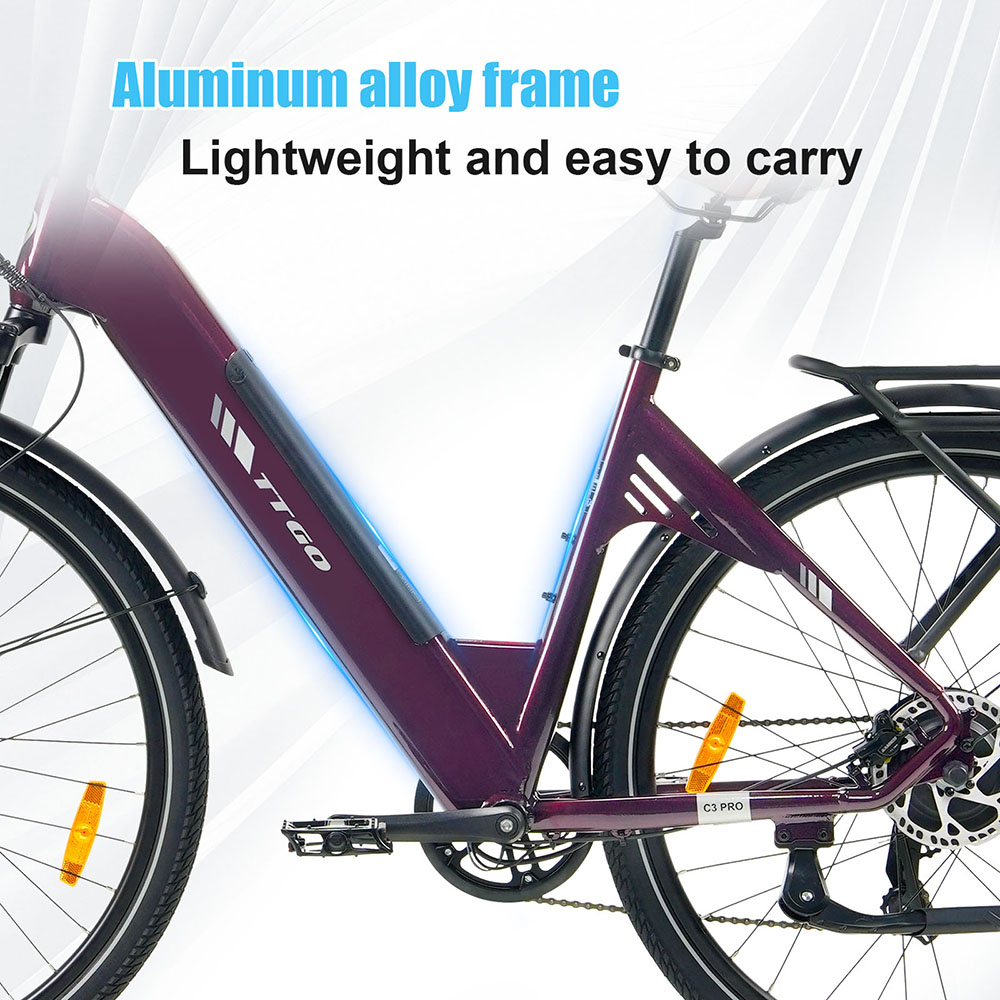 V&eacute;lo &eacute;lectrique TTGO C3 Pro, moteur 250 W, batterie 36 V 20 Ah, pneus 28 pouces, vitesse maximale 25 km/h, autonomie maximale 120 km, freins &agrave; disque hydrauliques, fourche suspendue, capteur de couple, transmission Shimano 7 vitesses, &eacute;cran LCD rouge.