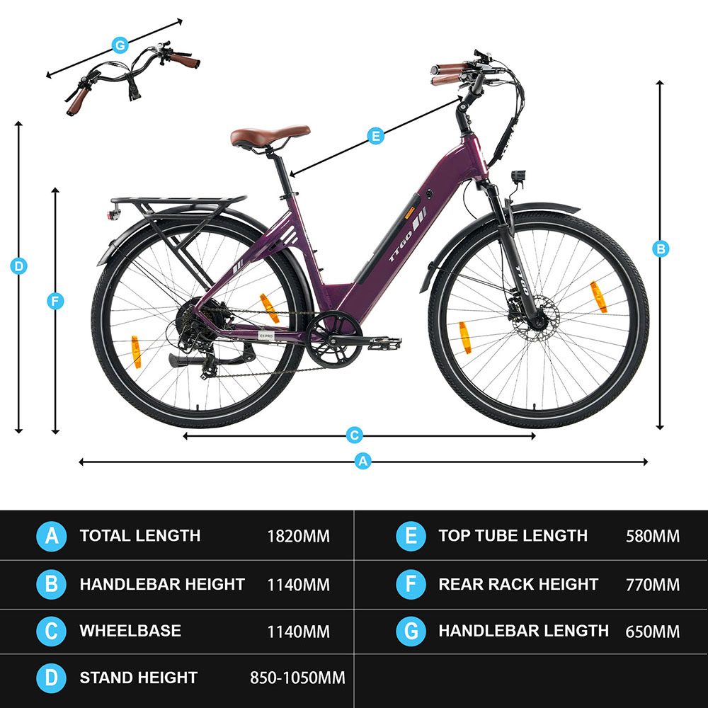 V&eacute;lo &eacute;lectrique TTGO C3 Pro, moteur 250 W, batterie 36 V 20 Ah, pneus 28 pouces, vitesse maximale 25 km/h, autonomie maximale 120 km, freins &agrave; disque hydrauliques, fourche suspendue, capteur de couple, transmission Shimano 7 vitesses, &eacute;cran LCD rouge.