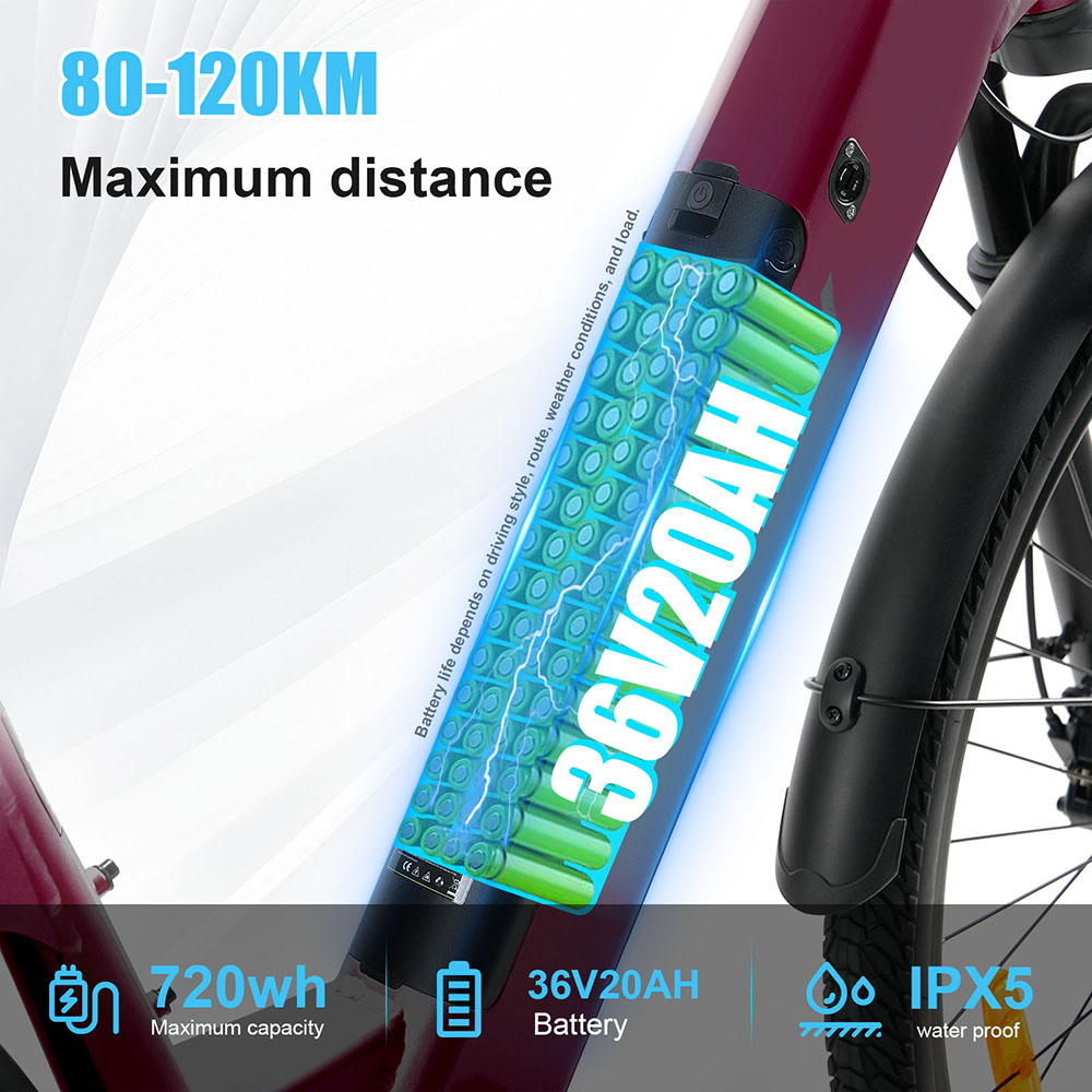 V&eacute;lo &eacute;lectrique TTGO C3 Pro, moteur 250 W, batterie 36 V 20 Ah, pneus 28 pouces, vitesse maximale 25 km/h, autonomie maximale 120 km, freins &agrave; disque hydrauliques, fourche suspendue, capteur de couple, transmission Shimano 7 vitesses, &eacute;cran LCD rouge.