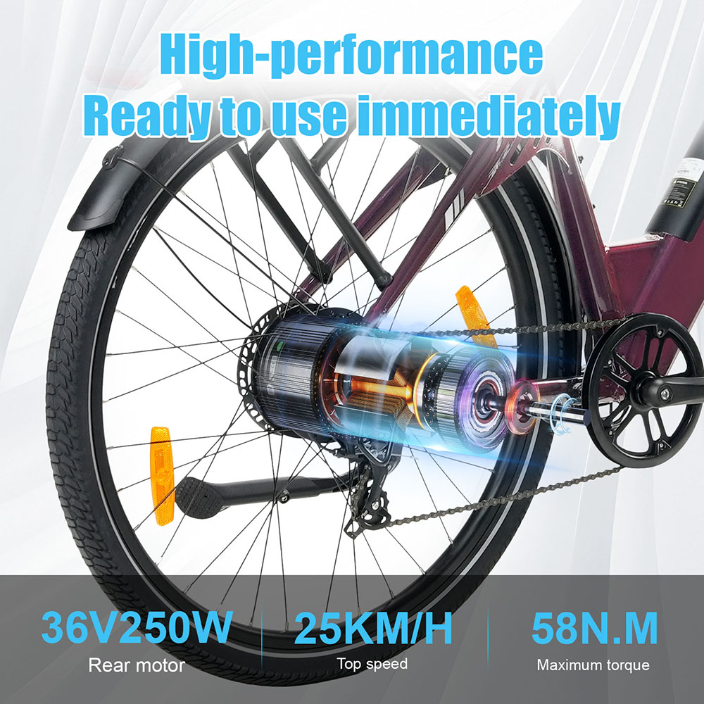 V&eacute;lo &eacute;lectrique TTGO C3 Pro, moteur 250 W, batterie 36 V 20 Ah, pneus 28 pouces, vitesse maximale 25 km/h, autonomie maximale 120 km, freins &agrave; disque hydrauliques, fourche suspendue, capteur de couple, transmission Shimano 7 vitesses, &eacute;cran LCD rouge.