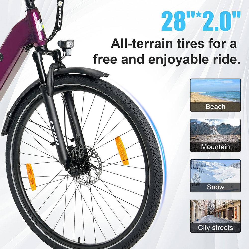 V&eacute;lo &eacute;lectrique TTGO C3 Pro, moteur 250 W, batterie 36 V 20 Ah, pneus 28 pouces, vitesse maximale 25 km/h, autonomie maximale 120 km, freins &agrave; disque hydrauliques, fourche suspendue, capteur de couple, transmission Shimano 7 vitesses, &eacute;cran LCD rouge.