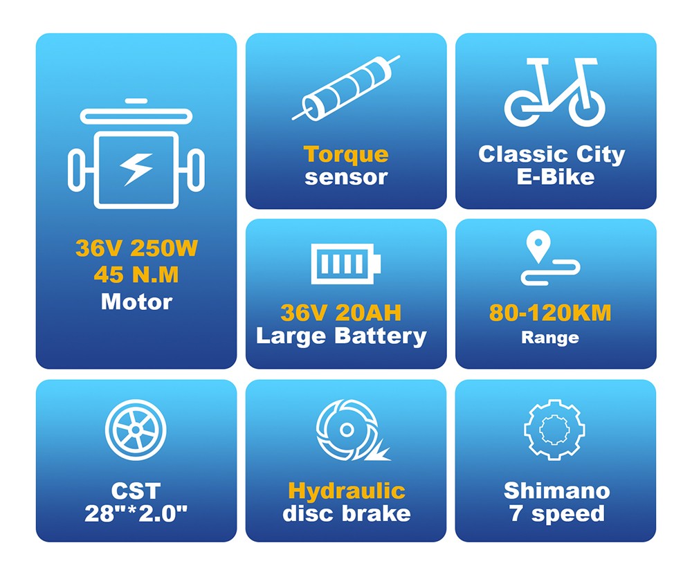 Elektrobicykel TTGO C3 Pro, 250W motor, 36V 20Ah batéria, 28 palcové pneumatiky, max. rýchlosť 25km/h, max. dojazd 120km, hydraulické kotúčové brzdy, odpružená vidlica, senzor krútiaceho momentu, Shimano 7 rýchlostí, LCD displej - biely