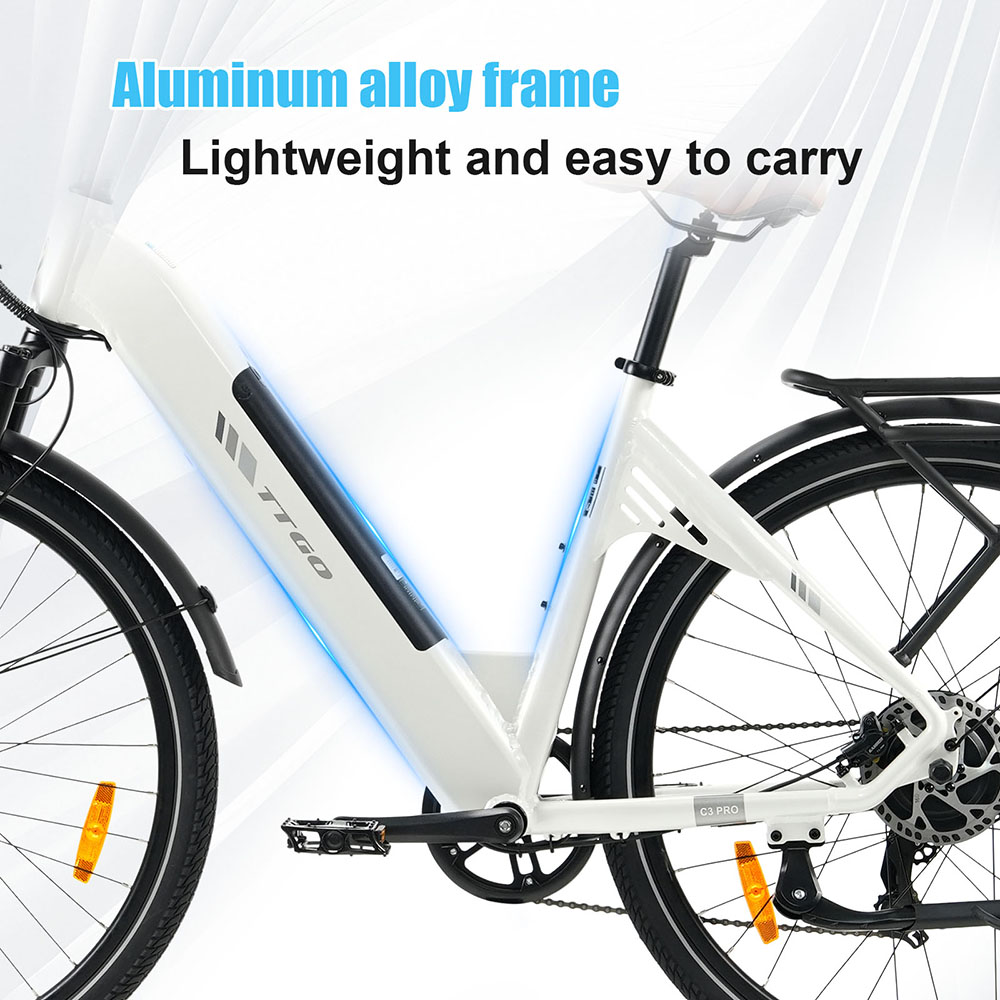 TTGO C3 Pro Electric Bike, 250W motor, 36V 20Ah batéria, 28 palcové pneumatiky, max. rýchlosť 25 km/h, max. dojazd 120 km, hydraulické kotúčové brzdy, odpružená vidlica, senzor krútiaceho momentu, 7-rýchlostný prevod Shimano, LCD displej - biely