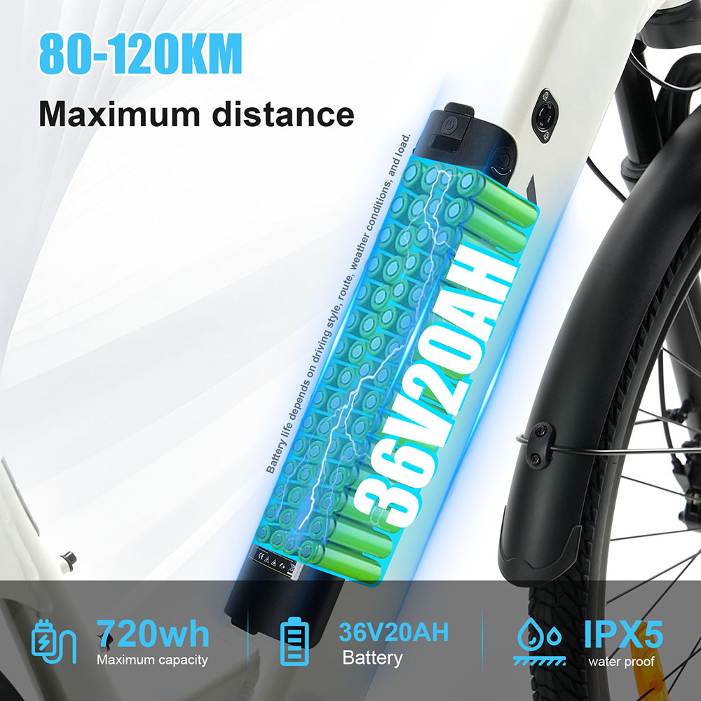 Elektrobicykel TTGO C3 Pro, 250W motor, 36V 20Ah batéria, 28-palcové pneumatiky, max. rýchlosť 25 km/h, max. dojazd 120 km, hydraulické kotúčové brzdy, odpružená vidlica, senzor krútiaceho momentu, 7-rýchlostný prevod Shimano, LCD displej - biely