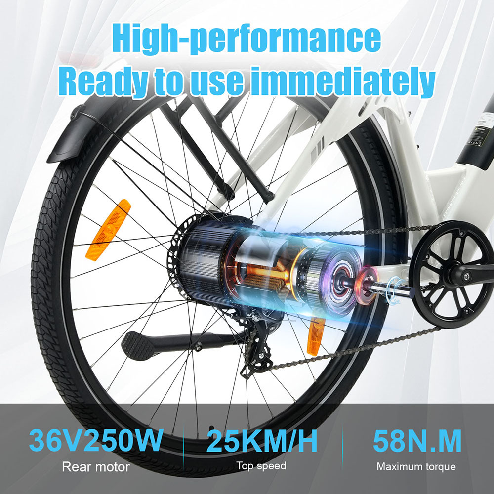 TTGO C3 Pro Electric Bike, 250W motor, 36V 20Ah batéria, 28 palcové pneumatiky, max. rýchlosť 25km/h, max. dojazd 120km, hydraulické kotúčové brzdy, odpružená vidlica, senzor krútiaceho momentu, Shimano 7 rýchlostí, LCD displej - biely