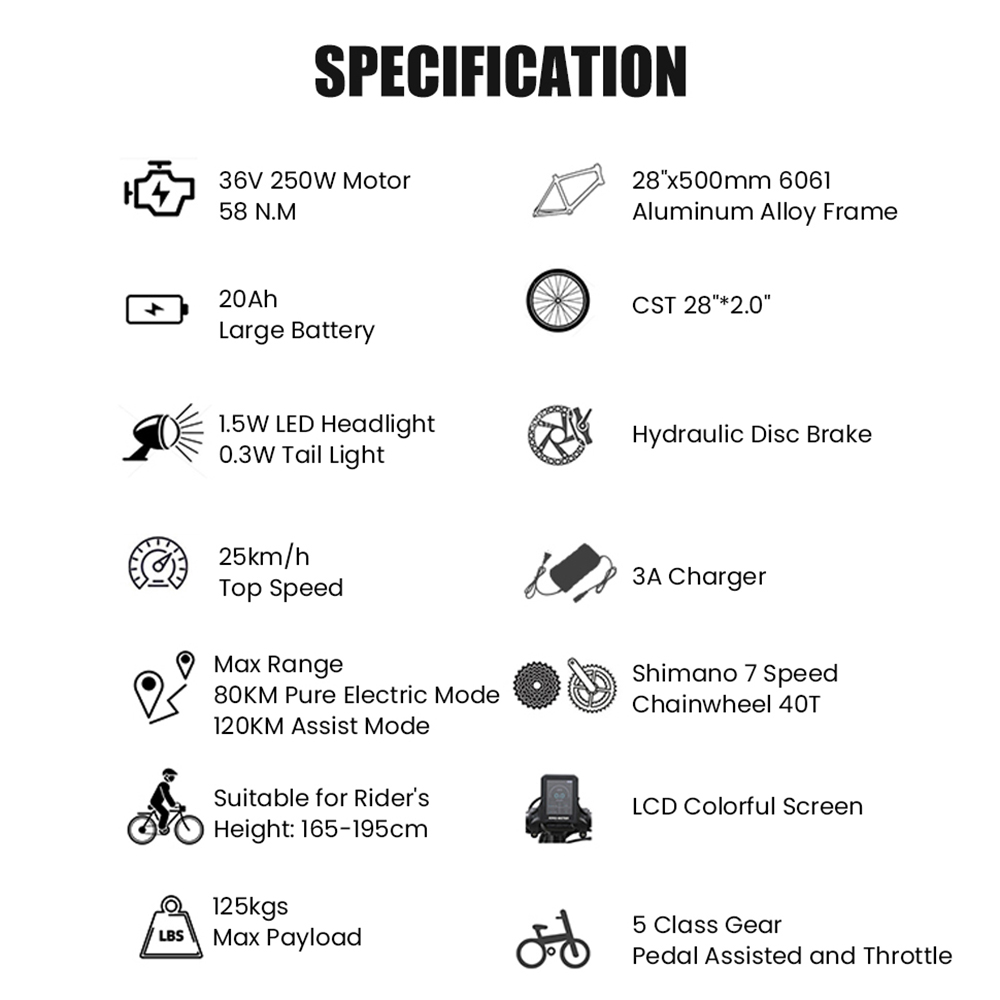 Elektrobicykel TTGO C3 Pro, 250W motor, 36V 20Ah batéria, 28-palcové pneumatiky, max. rýchlosť 25 km/h, max. dojazd 120 km, hydraulické kotúčové brzdy, odpružená vidlica, senzor krútiaceho momentu, 7-rýchlostný prevod Shimano, LCD displej - biely