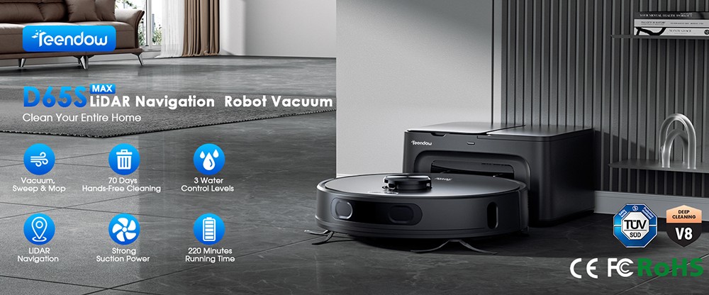 Robotický vysávač Teendow D65S MAX, 70-dňové automatické vysávanie, sanie 6000 Pa, prachová stanica 17 kPa, doba chodu 220 min, prekonávanie prekážok 20 mm, 4-stupňová regulácia výkonu, 250 ml zásobník na prach &; 350 ml nádrž na vodu