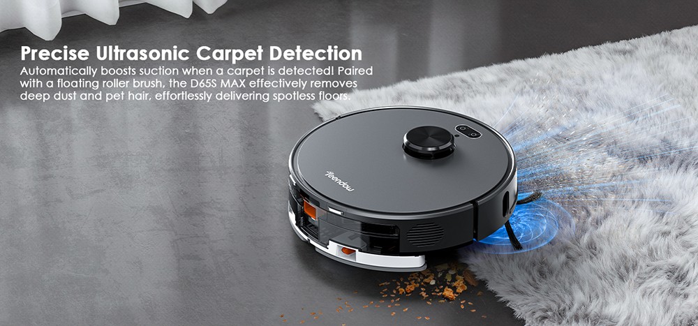 Robotický vysávač Teendow D65S MAX, 70-dňové automatické vysávanie, sanie 6000 Pa, prachová stanica 17 kPa, doba chodu 220 min, prekonávanie prekážok 20 mm, 4-stupňová regulácia výkonu, 250 ml zásobník na prach &; 350 ml nádrž na vodu
