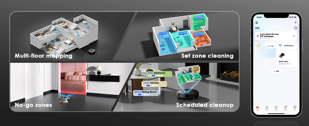 Robotický vysávač Teendow D65S MAX, 70-dňové automatické vysávanie, sanie 6000 Pa, prachová stanica 17 kPa, doba chodu 220 min, prekonávanie prekážok 20 mm, 4-stupňová regulácia výkonu, 250 ml zásobník na prach &; 350 ml nádrž na vodu