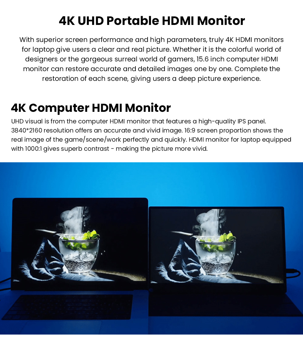 UPERFECT UColor A17 Moniteur portable 15,6 pouces, &eacute;cran IPS 3840*2160 60Hz 16:9, 178 &deg; Angle de vision, rapport de contraste 1000:1, 100% sRGB, 1*Type-C complet, 1*mini DP, 1*HDMI, 1*USB-A, 1*3.5mm AUX - Prix EU