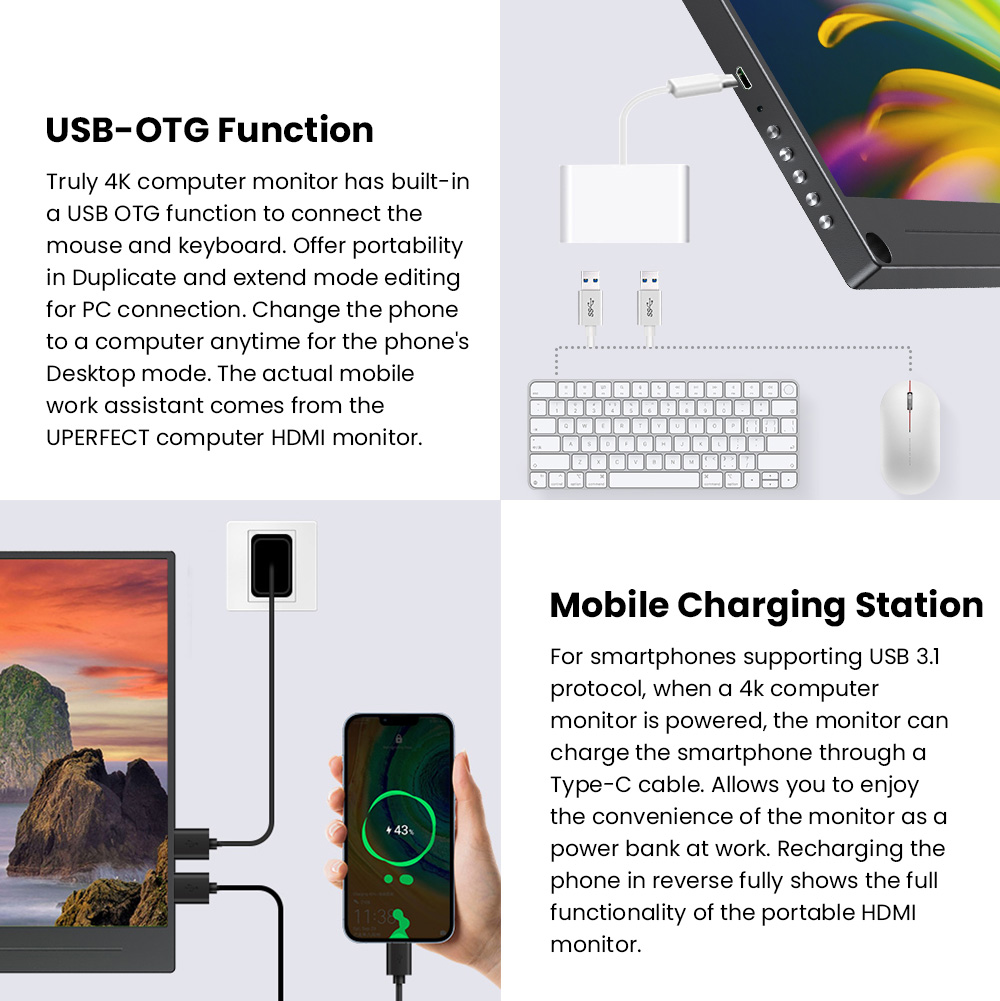 UPERFECT UColor A17 Moniteur portable 15,6 pouces, &eacute;cran IPS 3840*2160 60Hz 16:9, 178 &deg; Angle de vision, rapport de contraste 1000:1, 100% sRGB, 1*Type-C complet, 1*mini DP, 1*HDMI, 1*USB-A, 1*3.5mm AUX - Prix EU