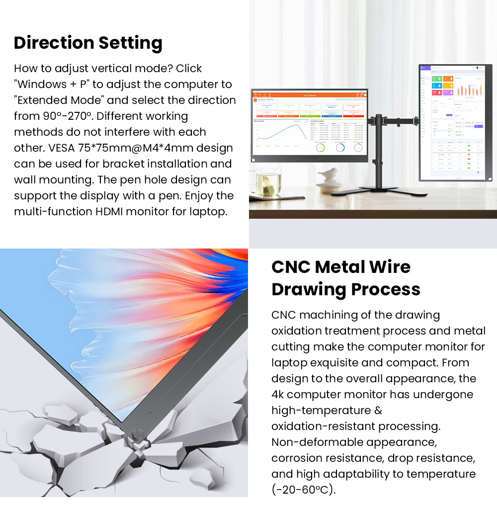 UPERFECT UColor A17 15.6 inch Portable Monitor, 3840*2160 60Hz 16:9 IPS Screen, 178&deg; Viewing Angle, 1000:1 Contrast Ratio, 100% sRGB, 1*Full-Featured Type-C, 1*mini DP, 1*HDMI, 1*USB-A, 1*3.5mm AUX - EU Plug