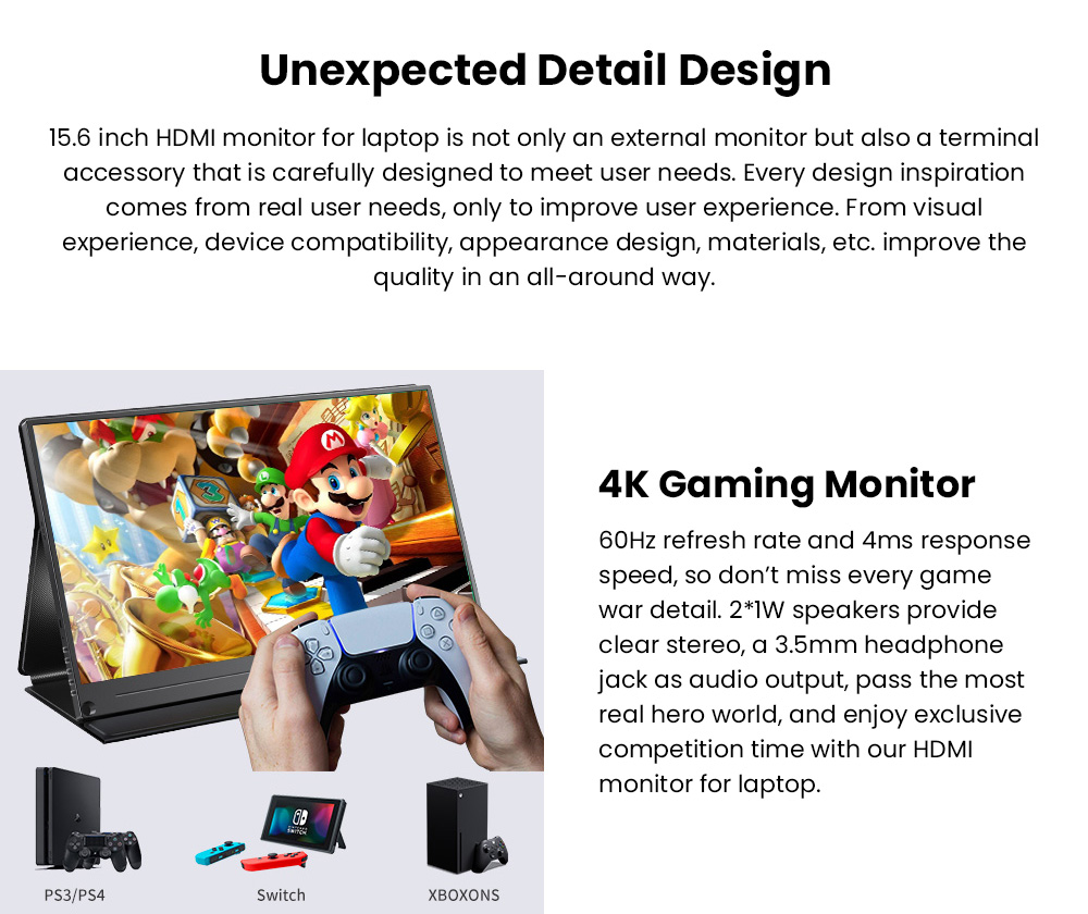 UPERFECT UColor A17 15.6 inch Portable Monitor, 3840*2160 60Hz 16:9 IPS Screen, 178&deg; Viewing Angle, 1000:1 Contrast Ratio, 100% sRGB, 1*Full-Featured Type-C, 1*mini DP, 1*HDMI, 1*USB-A, 1*3.5mm AUX - EU Plug