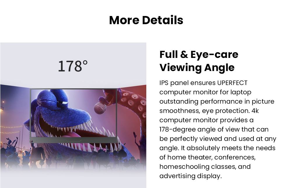 UPERFECT UColor A17 15.6 inch Portable Monitor, 3840*2160 60Hz 16:9 IPS Screen, 178&deg; Viewing Angle, 1000:1 Contrast Ratio, 100% sRGB, 1*Full-Featured Type-C, 1*mini DP, 1*HDMI, 1*USB-A, 1*3.5mm AUX - US Plug
