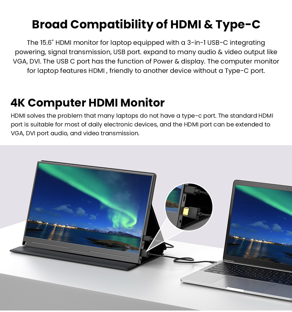 UPERFECT UColor A17 15.6 inch Portable Monitor, 3840*2160 60Hz 16:9 IPS Screen, 178&deg; Viewing Angle, 1000:1 Contrast Ratio, 100% sRGB, 1*Full-Featured Type-C, 1*mini DP, 1*HDMI, 1*USB-A, 1*3.5mm AUX - US Plug