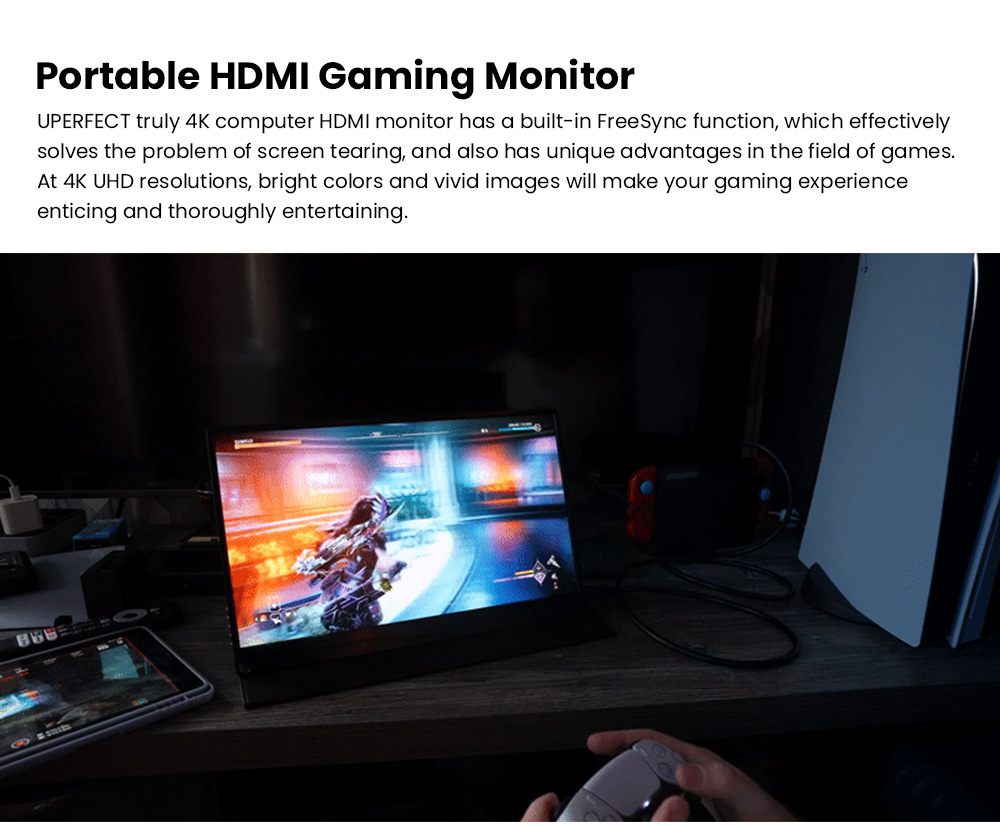 UPERFECT UColor A17 15.6 inch Portable Monitor, 3840*2160 60Hz 16:9 IPS Screen, 178&deg; Viewing Angle, 1000:1 Contrast Ratio, 100% sRGB, 1*Full-Featured Type-C, 1*mini DP, 1*HDMI, 1*USB-A, 1*3.5mm AUX - US Plug