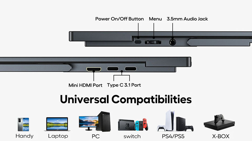 UPERFECT UTouch E6 Pro Portable Gaming Monitor, 18.5 inch 1920*1080 120Hz Touchscreen, 178&deg; Viewing Angle, FreeSync, Built-in Speaker, 2*Full-Featured Type-C, 1*mini HDMI, 1*3.5mm AUX - US Plug