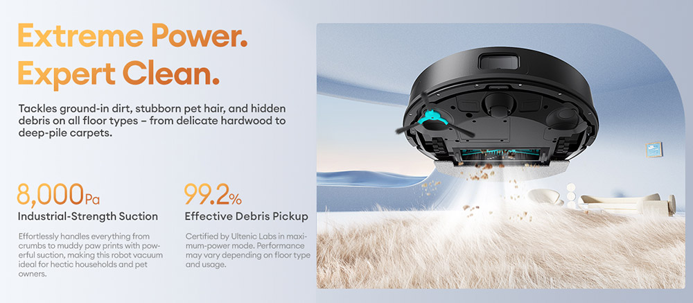 Ultenic T20 Pro Aspirateur Robot, Aspiration 8000Pa, 3 Modes de Nettoyage, Navigation Lidar Intelligente, Réservoir 2-en-1 Poussière & Eau, Autonomie 180min, Franchissement 15mm